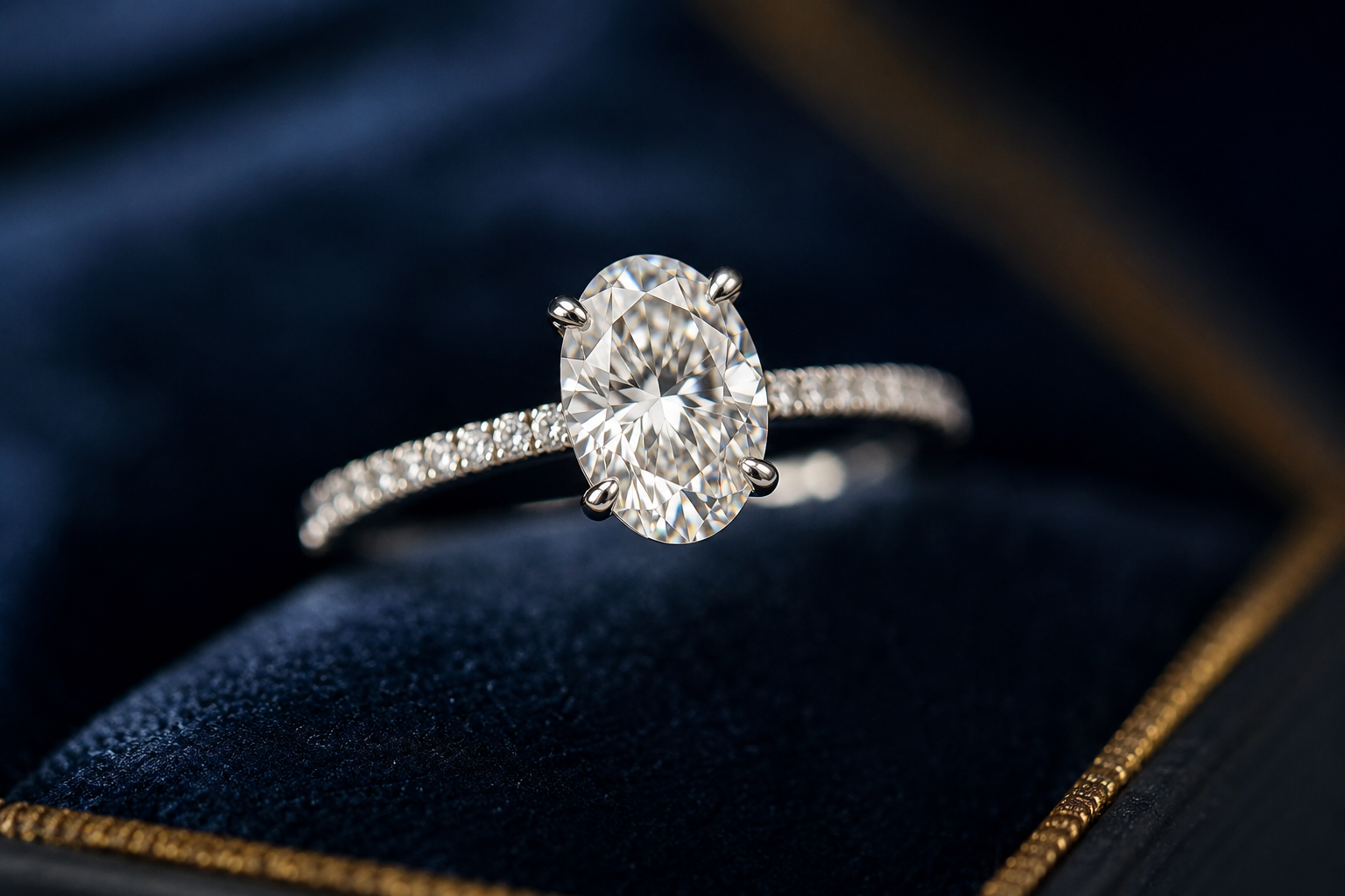 Oval solitaire with pavé band, white gold