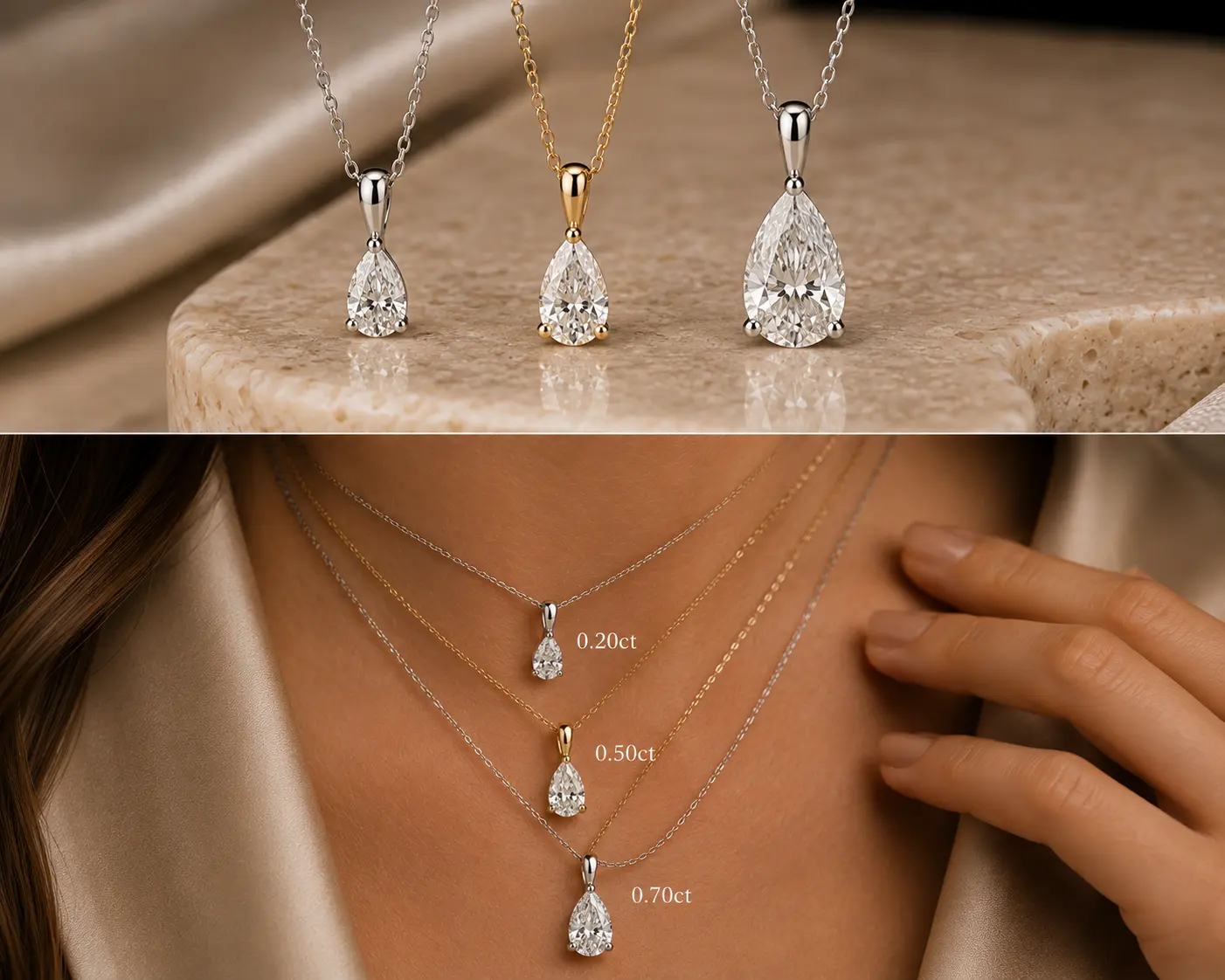 Pear pendant, three carat weights