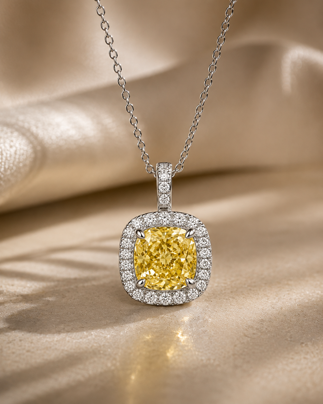 Fancy yellow cushion halo pendant