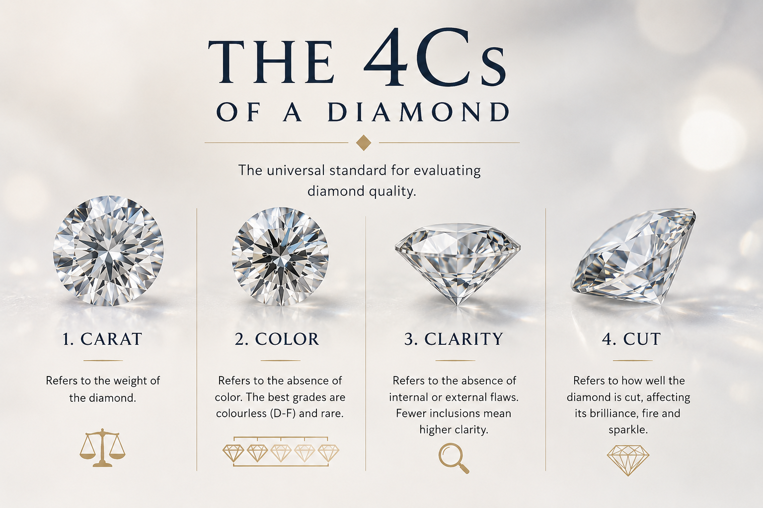 Infographic illustrating the four Cs of diamonds: carat, colour, clarity and cut