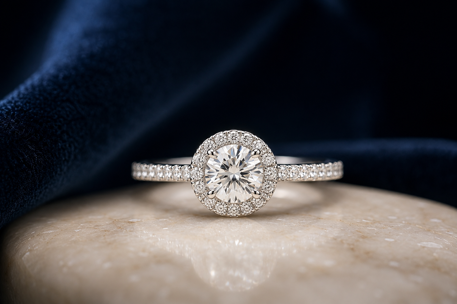 Round brilliant halo with pavé shoulders