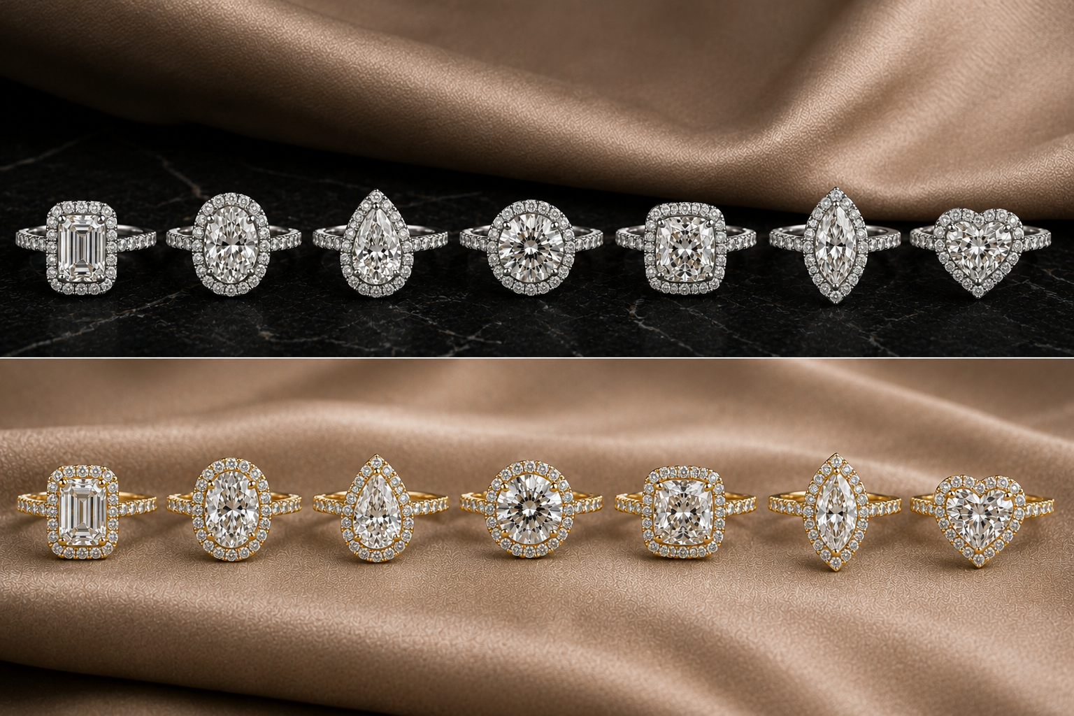 Halo designs in white and yellow gold 